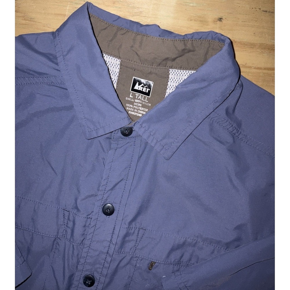REI‎ Sahara Tech Vented Fishing Shirt Blue Short Sleeve Button Up Large Tall LT